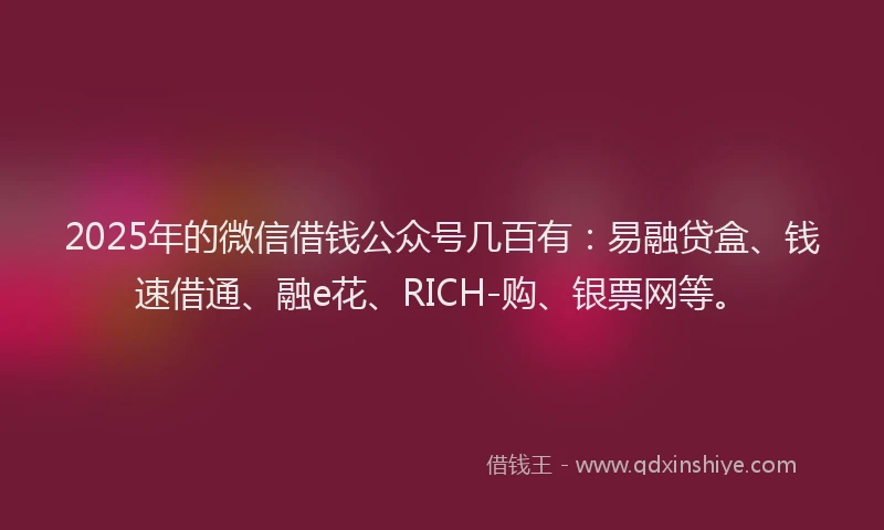 2025年的微信借钱公众号几百有：易融贷盒、钱速借通、融e花、RICH-购、银票网等。