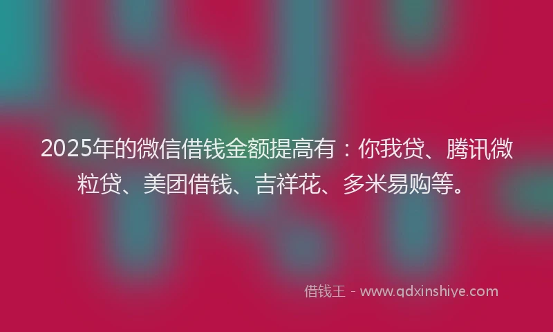 2025年的微信借钱金额提高有：你我贷、腾讯微粒贷、美团借钱、吉祥花、多米易购等。