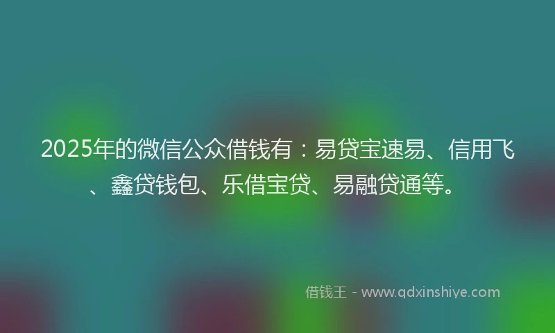 2025年的微信公众借钱有：易贷宝速易、信用飞、鑫贷钱包、乐借宝贷、易融贷通等。