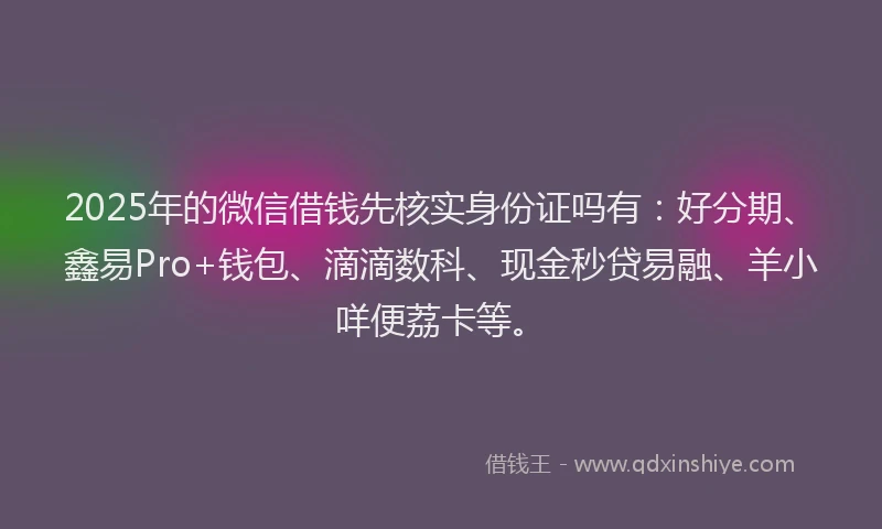 2025年的微信借钱先核实身份证吗有：好分期、鑫易Pro+钱包、滴滴数科、现金秒贷易融、羊小咩便荔卡等。