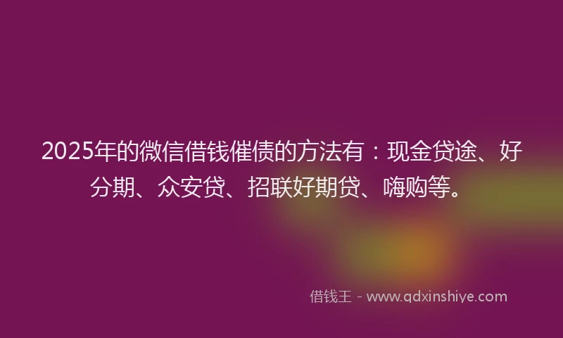 2025年的微信借钱催债的方法有：现金贷途、好分期、众安贷、招联好期贷、嗨购等。