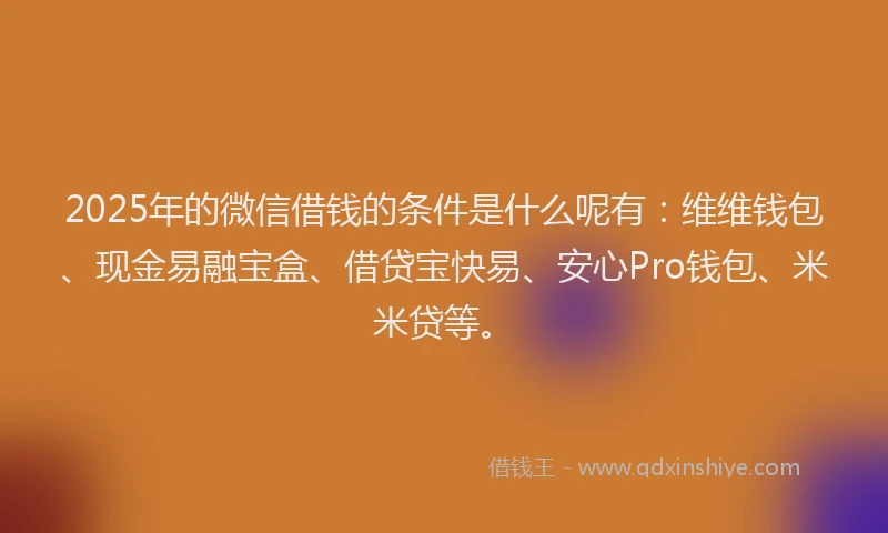 2025年的微信借钱的条件是什么呢有：维维钱包、现金易融宝盒、借贷宝快易、安心Pro钱包、米米贷等。