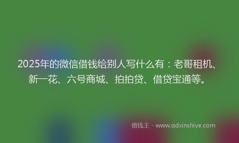 2025年的微信借钱给别人写什么有：老哥租机、新一花、六号商城、拍拍贷、借贷宝通等。