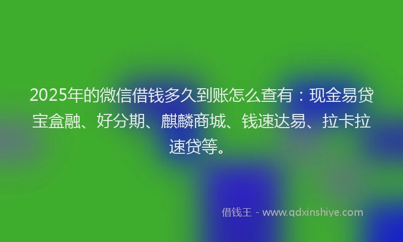 2025年的微信借钱多久到账怎么查有：现金易贷宝盒融、好分期、麒麟商城、钱速达易、拉卡拉速贷等。