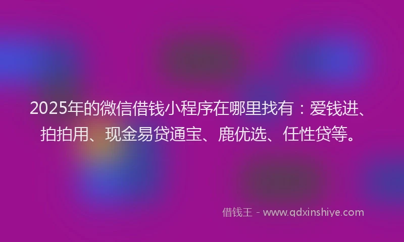 2025年的微信借钱小程序在哪里找有：爱钱进、拍拍用、现金易贷通宝、鹿优选、任性贷等。