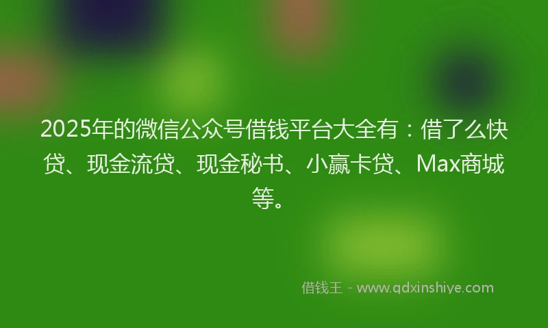 2025年的微信公众号借钱平台大全有：借了么快贷、现金流贷、现金秘书、小赢卡贷、Max商城等。