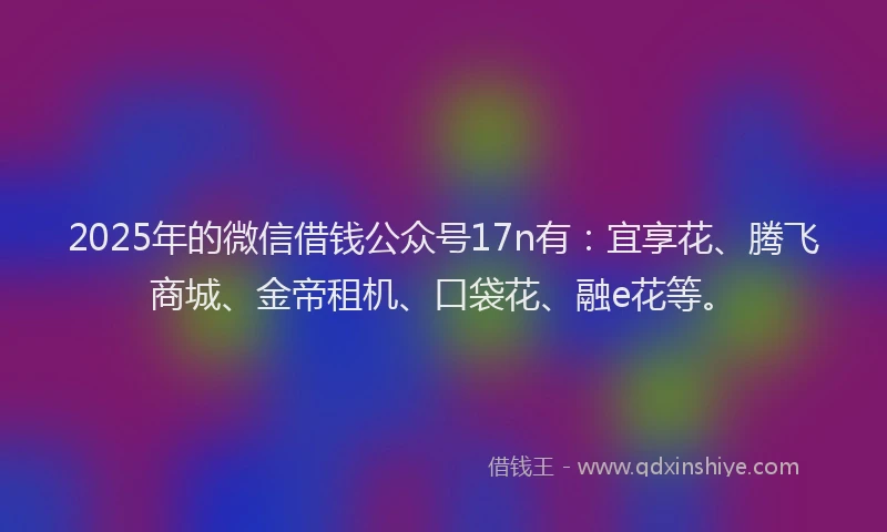 2025年的微信借钱公众号17n有：宜享花、腾飞商城、金帝租机、口袋花、融e花等。