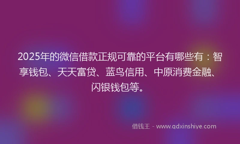 2025年的微信借款正规可靠的平台有哪些有：智享钱包、天天富贷、蓝鸟信用、中原消费金融、闪银钱包等。