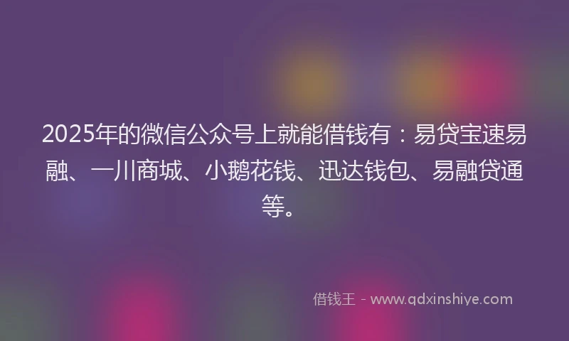 2025年的微信公众号上就能借钱有：易贷宝速易融、一川商城、小鹅花钱、迅达钱包、易融贷通等。