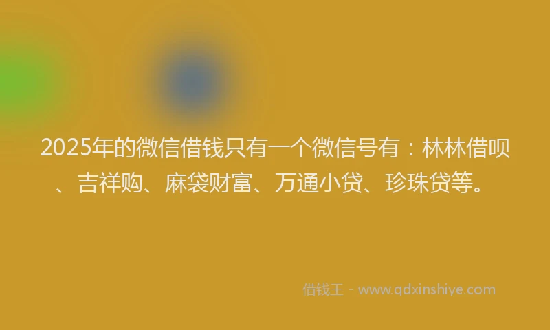 2025年的微信借钱只有一个微信号有：林林借呗、吉祥购、麻袋财富、万通小贷、珍珠贷等。