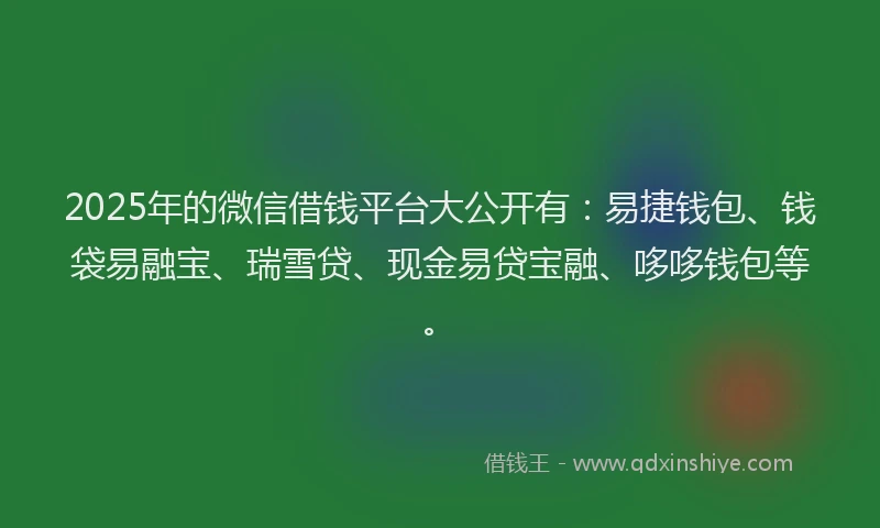 2025年的微信借钱平台大公开有：易捷钱包、钱袋易融宝、瑞雪贷、现金易贷宝融、哆哆钱包等。