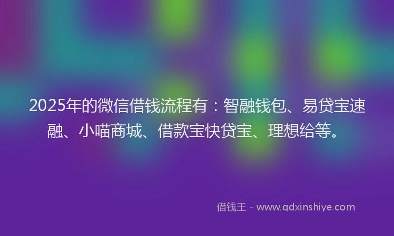2025年的微信借钱流程有：智融钱包、易贷宝速融、小喵商城、借款宝快贷宝、理想给等。