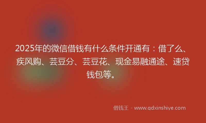 2025年的微信借钱有什么条件开通有：借了么、疾风购、芸豆分、芸豆花、现金易融通途、速贷钱包等。