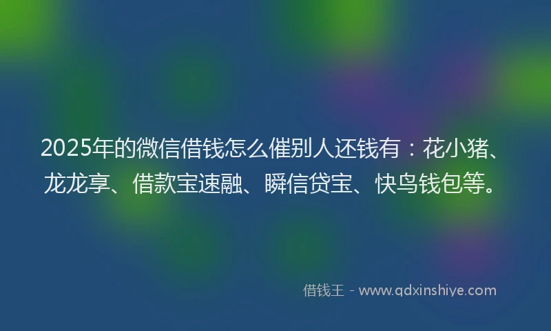 2025年的微信借钱怎么催别人还钱有：花小猪、龙龙享、借款宝速融、瞬信贷宝、快鸟钱包等。