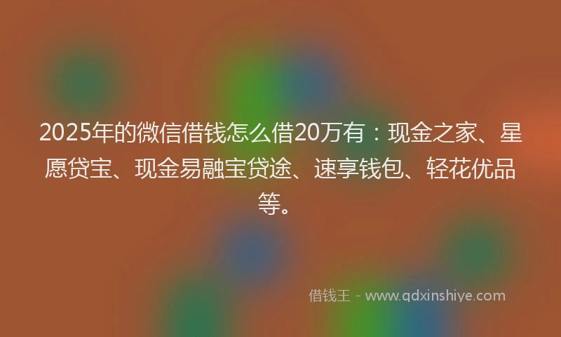 2025年的微信借钱怎么借20万有：现金之家、星愿贷宝、现金易融宝贷途、速享钱包、轻花优品等。