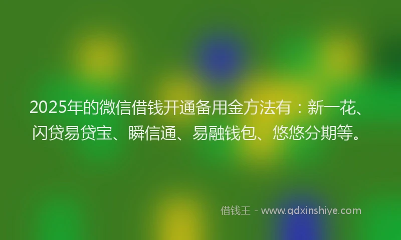 2025年的微信借钱开通备用金方法有：新一花、闪贷易贷宝、瞬信通、易融钱包、悠悠分期等。