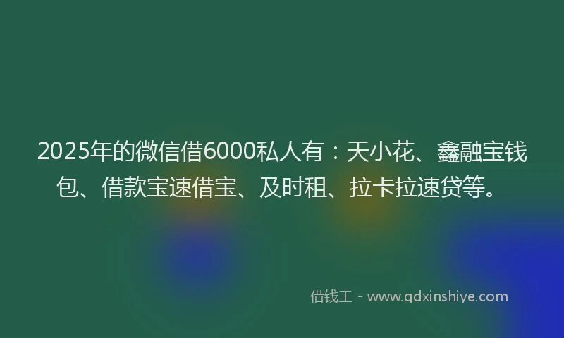 2025年的微信借6000私人有：天小花、鑫融宝钱包、借款宝速借宝、及时租、拉卡拉速贷等。
