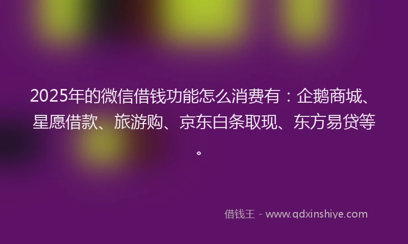 2025年的微信借钱功能怎么消费有：企鹅商城、星愿借款、旅游购、京东白条取现、东方易贷等。