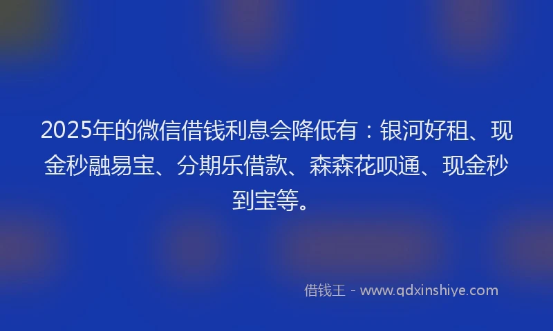 2025年的微信借钱利息会降低有：银河好租、现金秒融易宝、分期乐借款、森森花呗通、现金秒到宝等。
