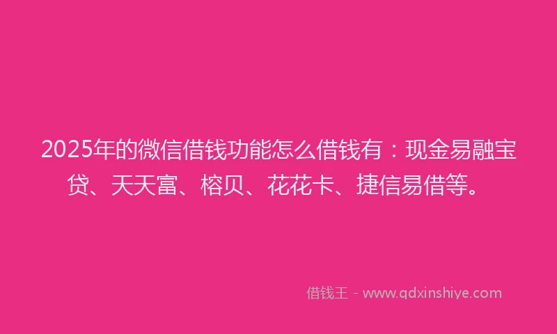 2025年的微信借钱功能怎么借钱有：现金易融宝贷、天天富、榕贝、花花卡、捷信易借等。