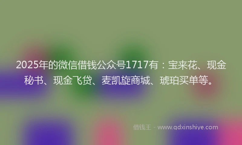 2025年的微信借钱公众号1717有：宝来花、现金秘书、现金飞贷、麦凯旋商城、琥珀买单等。