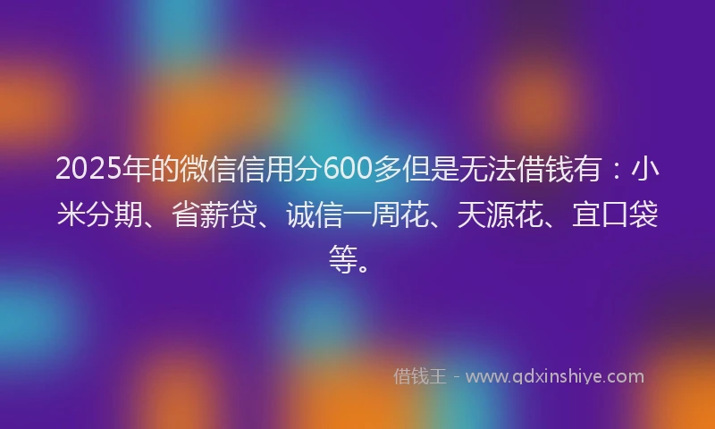 2025年的微信信用分600多但是无法借钱有：小米分期、省薪贷、诚信一周花、天源花、宜口袋等。