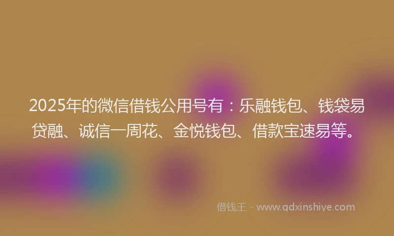 2025年的微信借钱公用号有：乐融钱包、钱袋易贷融、诚信一周花、金悦钱包、借款宝速易等。