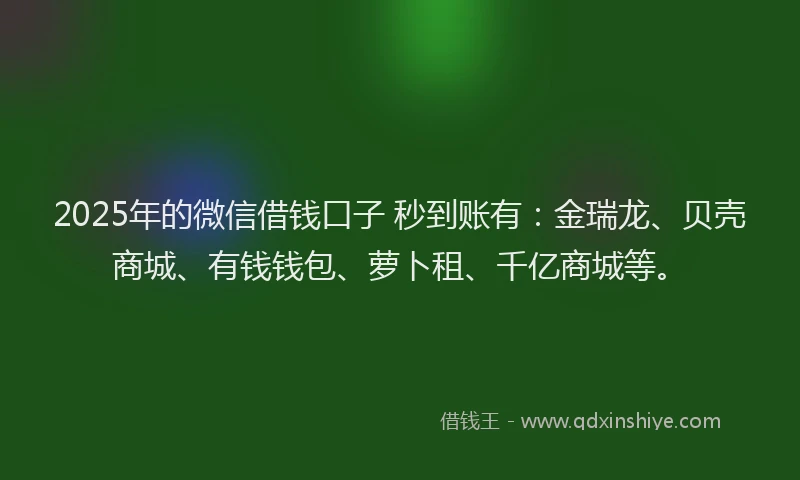 2025年的微信借钱口子 秒到账有：金瑞龙、贝壳商城、有钱钱包、萝卜租、千亿商城等。