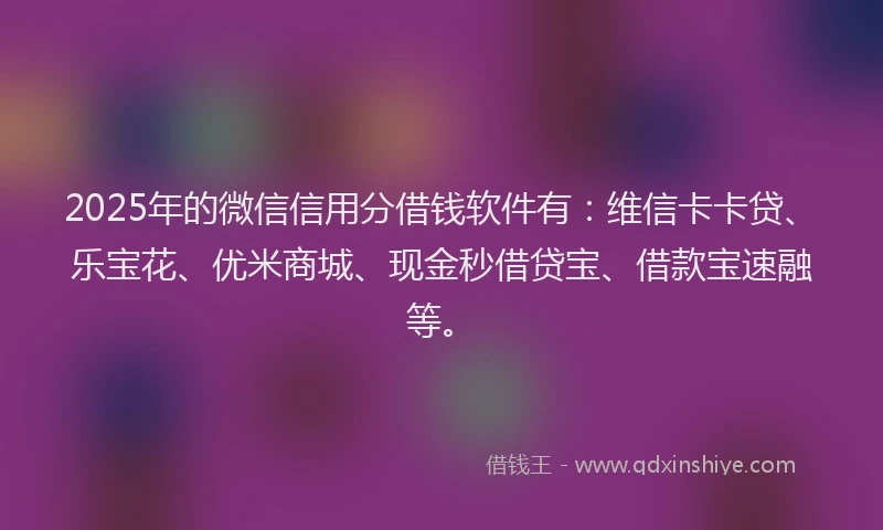 2025年的微信信用分借钱软件有：维信卡卡贷、乐宝花、优米商城、现金秒借贷宝、借款宝速融等。