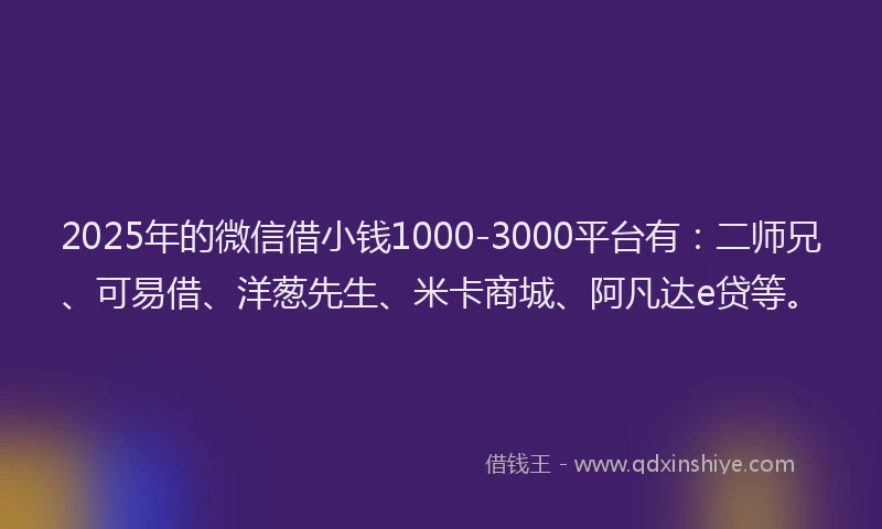 2025年的微信借小钱1000-3000平台有：二师兄、可易借、洋葱先生、米卡商城、阿凡达e贷等。