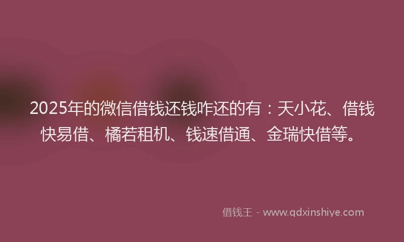 2025年的微信借钱还钱咋还的有：天小花、借钱快易借、橘若租机、钱速借通、金瑞快借等。