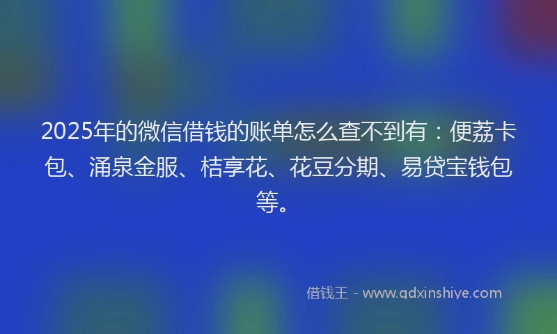 2025年的微信借钱的账单怎么查不到有：便荔卡包、涌泉金服、桔享花、花豆分期、易贷宝钱包等。
