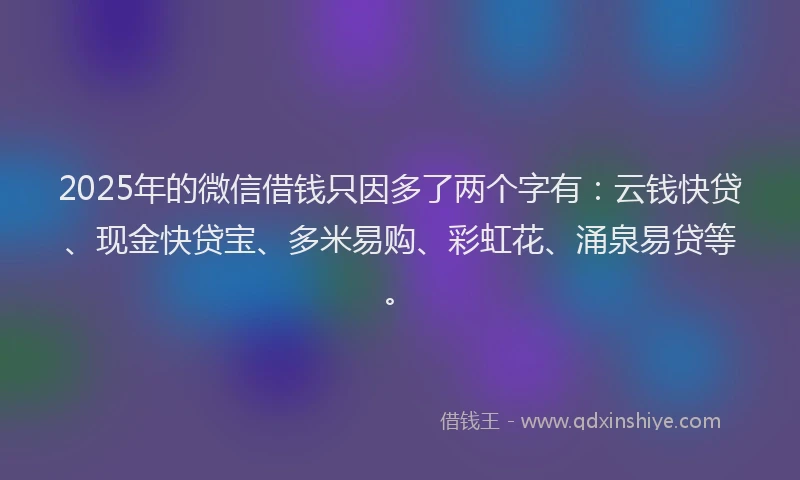 2025年的微信借钱只因多了两个字有：云钱快贷、现金快贷宝、多米易购、彩虹花、涌泉易贷等。
