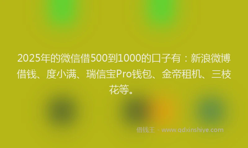2025年的微信借500到1000的口子有：新浪微博借钱、度小满、瑞信宝Pro钱包、金帝租机、三枝花等。