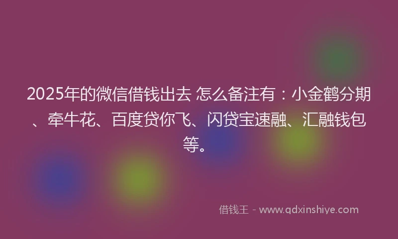 2025年的微信借钱出去 怎么备注有：小金鹤分期、牵牛花、百度贷你飞、闪贷宝速融、汇融钱包等。