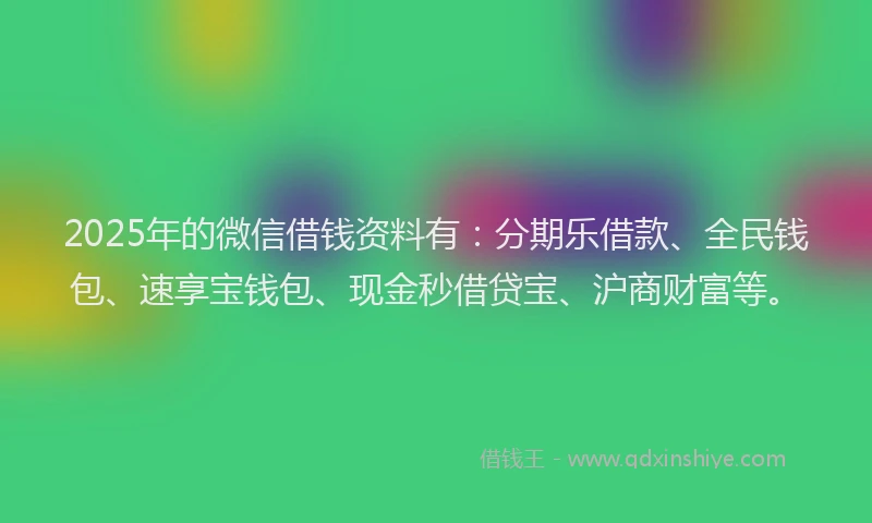 2025年的微信借钱资料有：分期乐借款、全民钱包、速享宝钱包、现金秒借贷宝、沪商财富等。