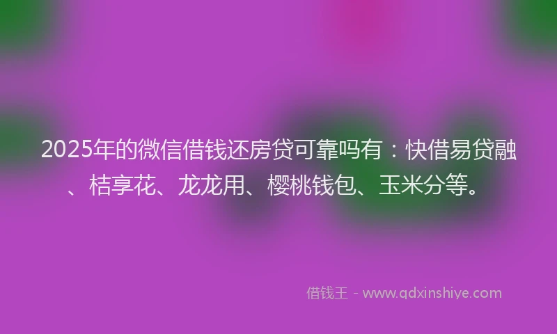 2025年的微信借钱还房贷可靠吗有：快借易贷融、桔享花、龙龙用、樱桃钱包、玉米分等。