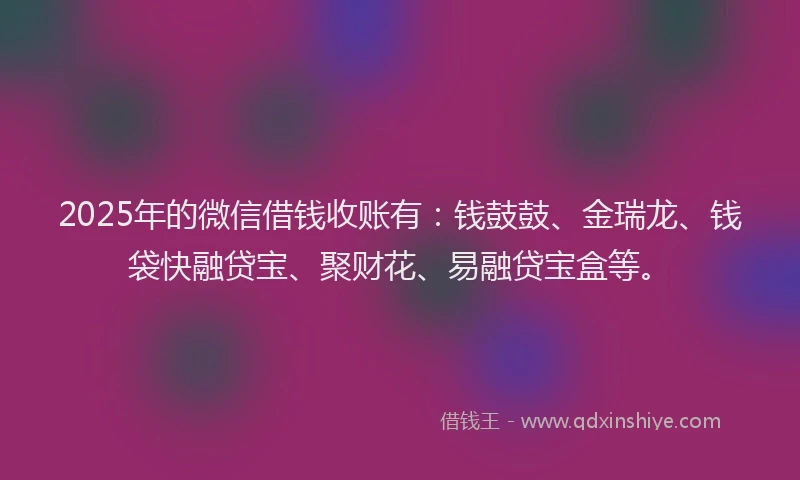 2025年的微信借钱收账有：钱鼓鼓、金瑞龙、钱袋快融贷宝、聚财花、易融贷宝盒等。