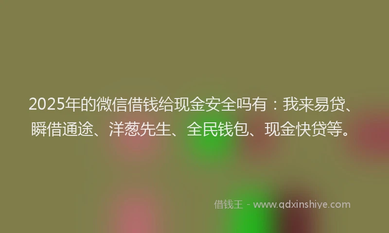 2025年的微信借钱给现金安全吗有：我来易贷、瞬借通途、洋葱先生、全民钱包、现金快贷等。