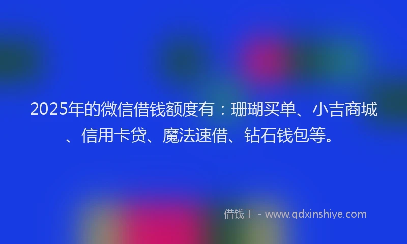 2025年的微信借钱额度有：珊瑚买单、小吉商城、信用卡贷、魔法速借、钻石钱包等。