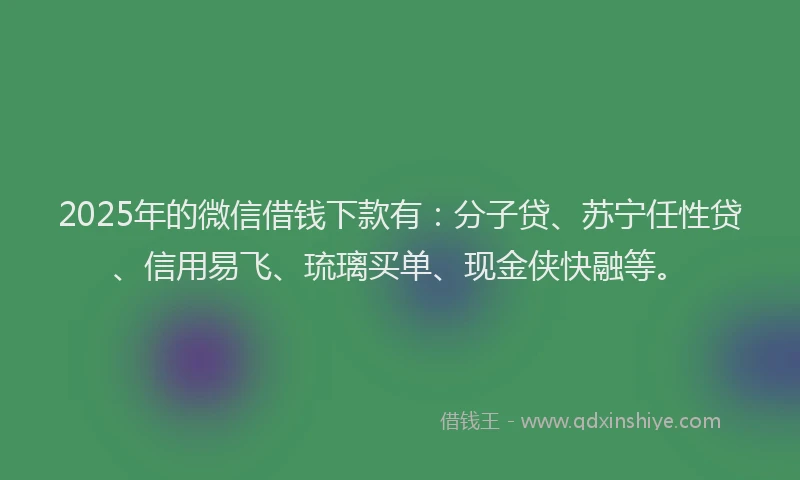 2025年的微信借钱下款有：分子贷、苏宁任性贷、信用易飞、琉璃买单、现金侠快融等。