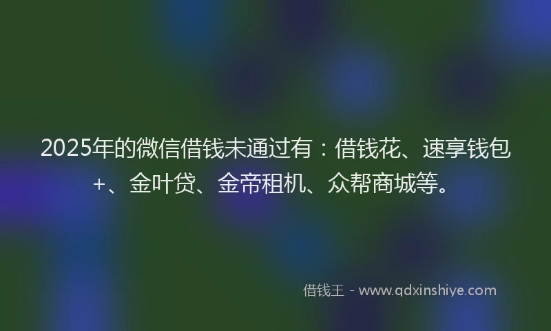 2025年的微信借钱未通过有：借钱花、速享钱包+、金叶贷、金帝租机、众帮商城等。
