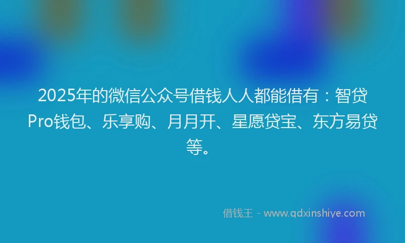 2025年的微信公众号借钱人人都能借有：智贷Pro钱包、乐享购、月月开、星愿贷宝、东方易贷等。