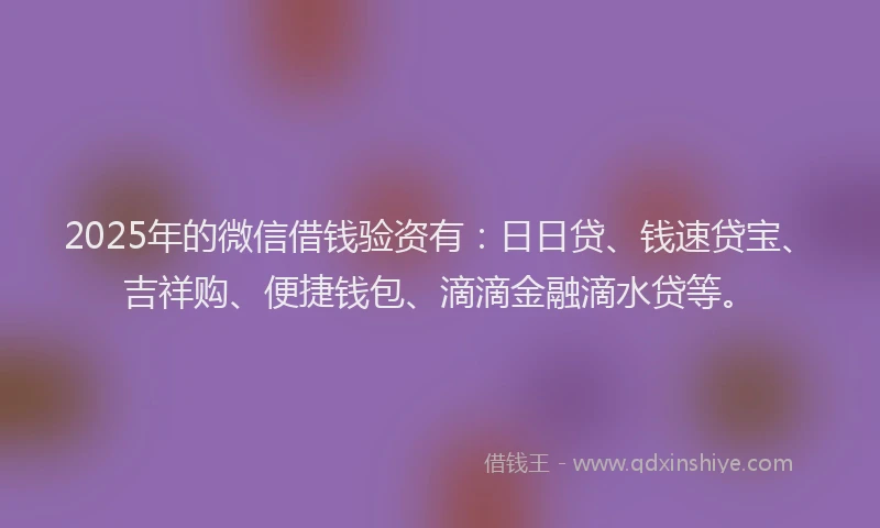 2025年的微信借钱验资有：日日贷、钱速贷宝、吉祥购、便捷钱包、滴滴金融滴水贷等。