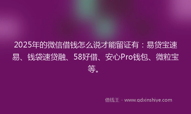 2025年的微信借钱怎么说才能留证有：易贷宝速易、钱袋速贷融、58好借、安心Pro钱包、微粒宝等。