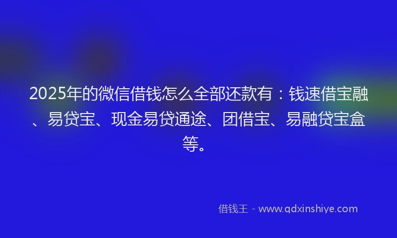 2025年的微信借钱怎么全部还款有：钱速借宝融、易贷宝、现金易贷通途、团借宝、易融贷宝盒等。