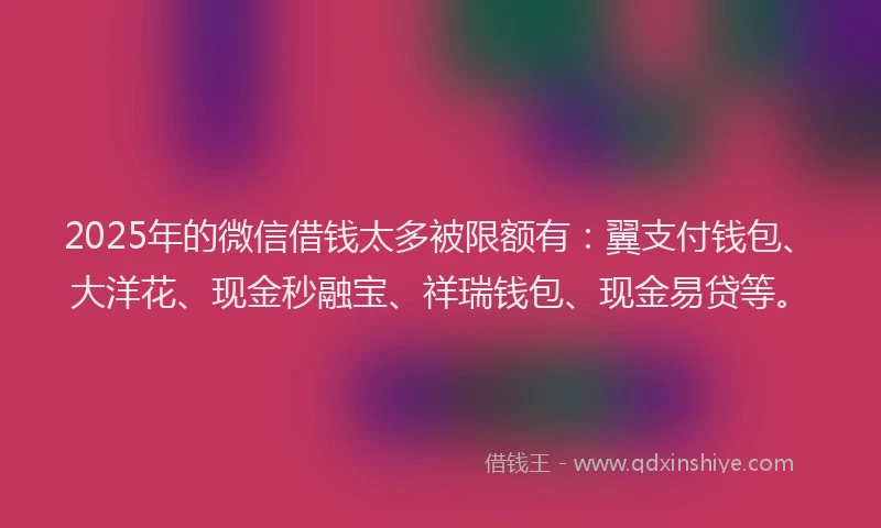 2025年的微信借钱太多被限额有：翼支付钱包、大洋花、现金秒融宝、祥瑞钱包、现金易贷等。