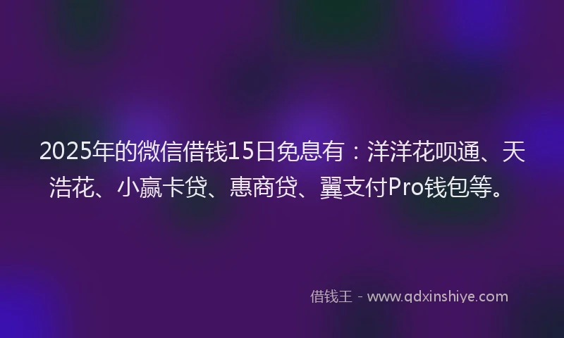 2025年的微信借钱15日免息有：洋洋花呗通、天浩花、小赢卡贷、惠商贷、翼支付Pro钱包等。
