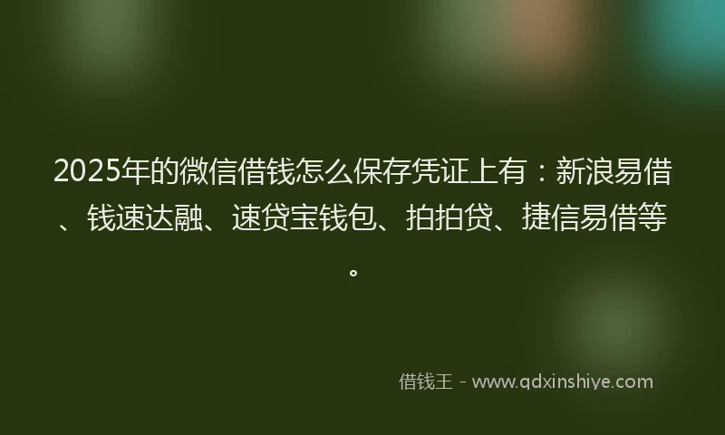 2025年的微信借钱怎么保存凭证上有：新浪易借、钱速达融、速贷宝钱包、拍拍贷、捷信易借等。