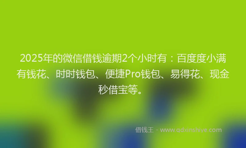 2025年的微信借钱逾期2个小时有：百度度小满有钱花、时时钱包、便捷Pro钱包、易得花、现金秒借宝等。